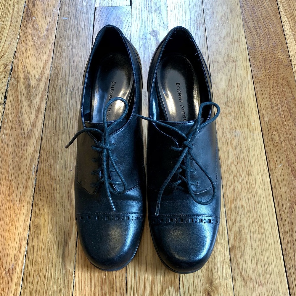 Etienne Aigner Black Lace Up Leather Bootie Shoes.